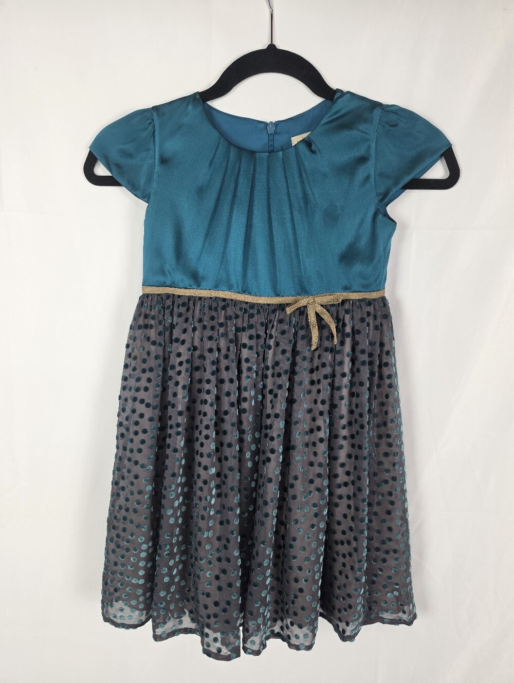 Mini Boden Girls Silk Party Dress 6-7Y Teal Polka Dot Bow Formal Holiday FLAWS